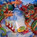 A dragon decoration on a wall of a Chinese temple in Chinatown