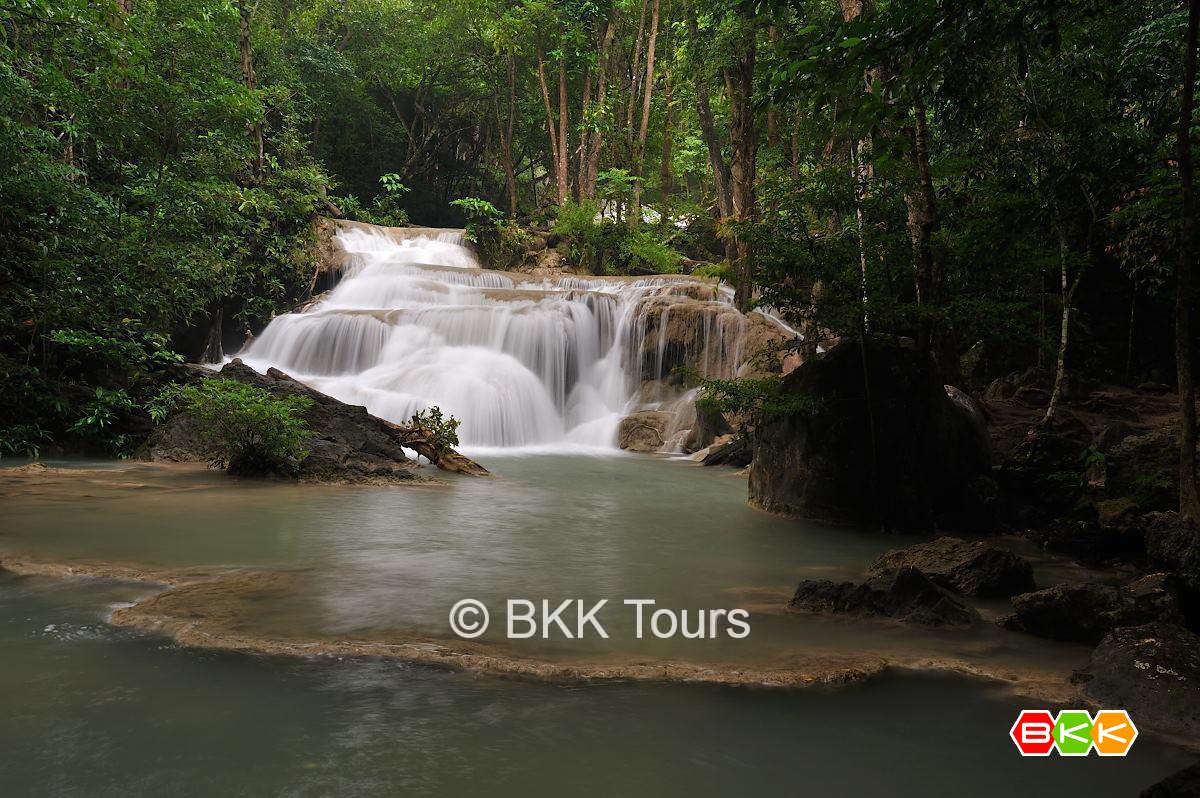 Waterfall at Erawan National Park in Kanchanaburi. Visit it on our Erawan waterfall tour from Bangkok.